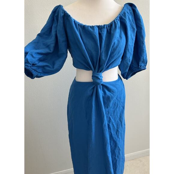 FARM RIO Linen Dress Med Blue Cut Out Off Shoulder Boho Artsy Coastal Nautical - Picture 6 of 16